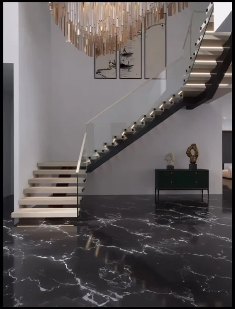 Completed custom floating staircase in a Houston home