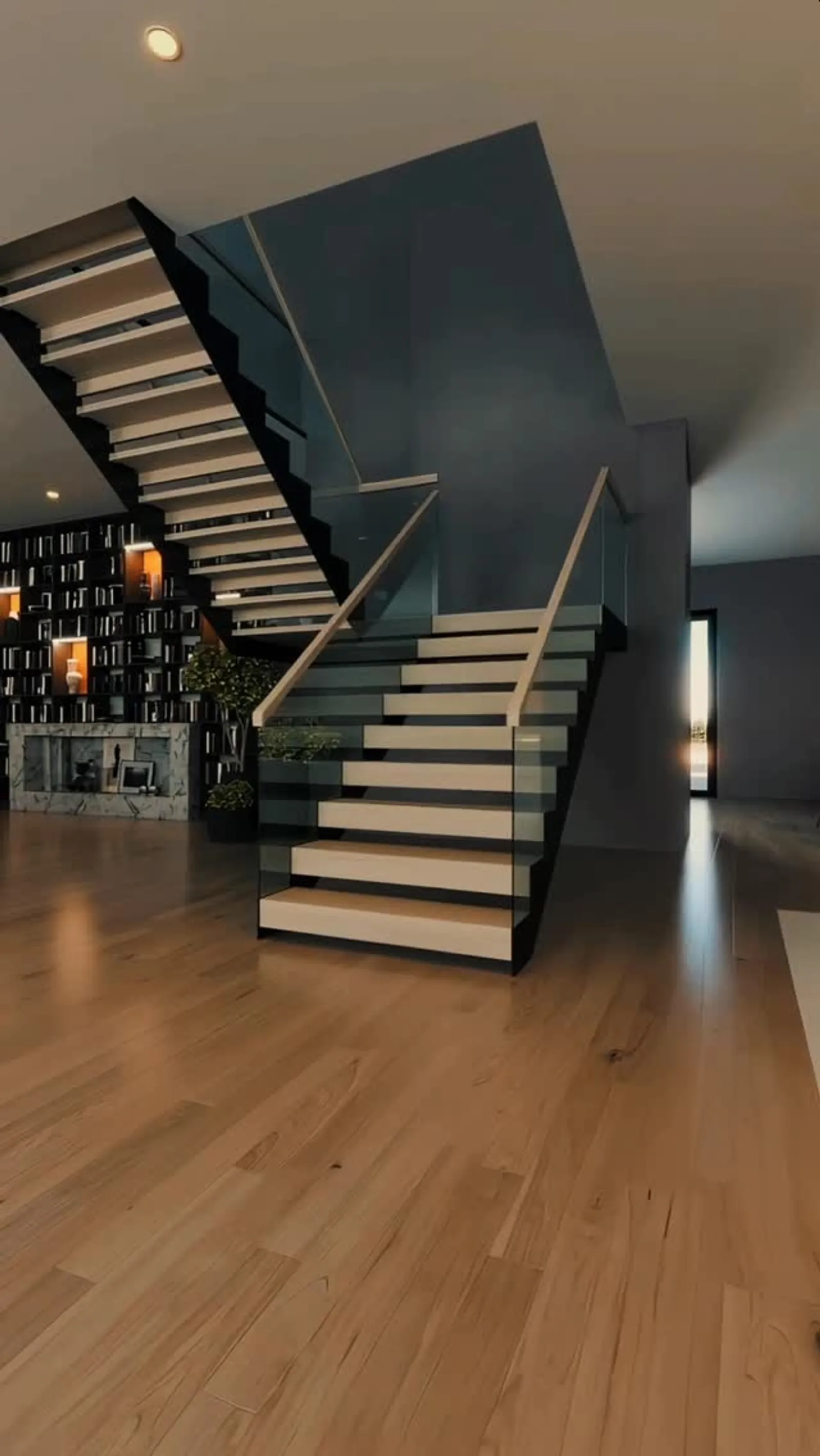 Custom glass balustrade rail system on floating stairs in Houston, TX