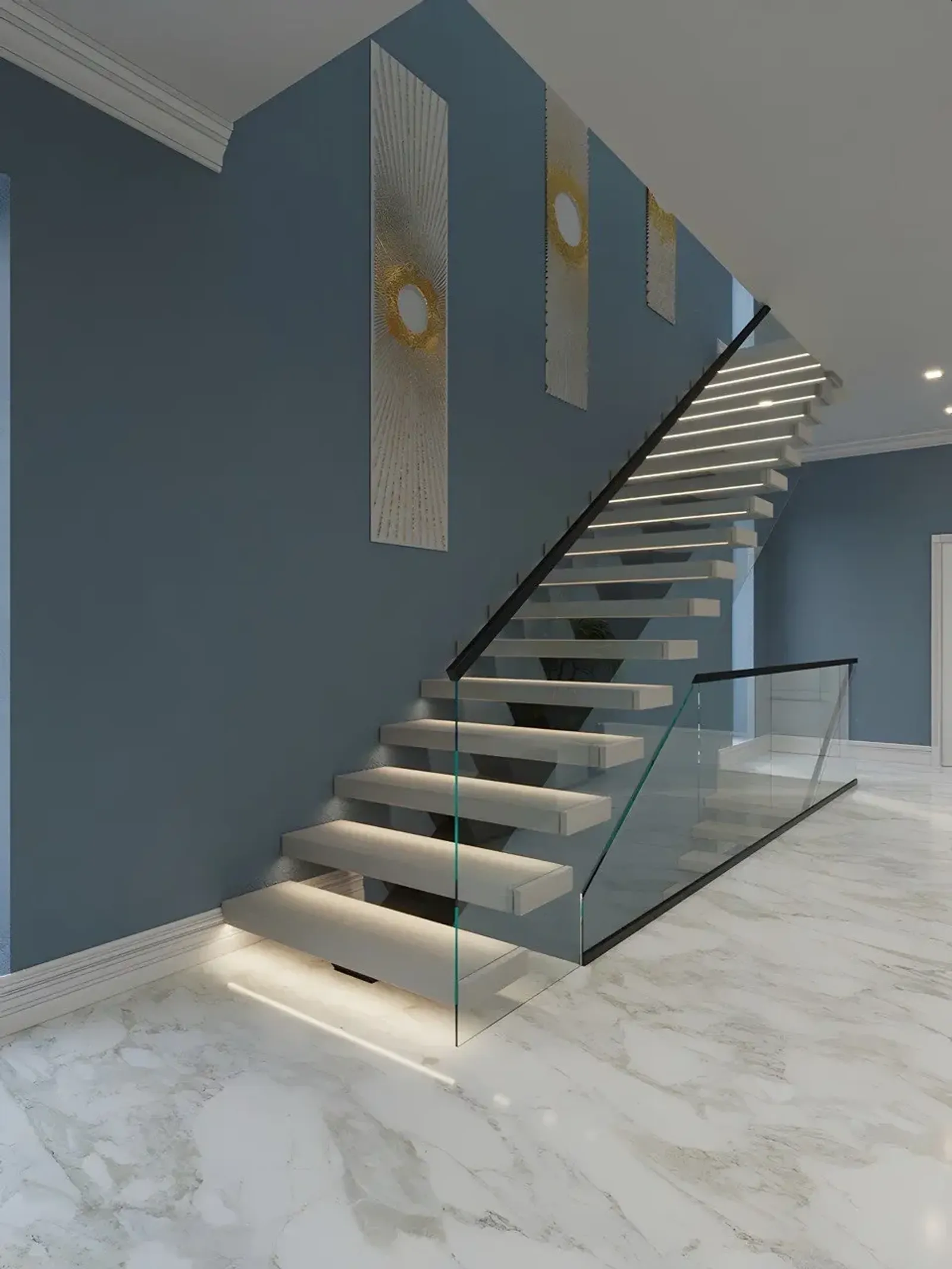 Integrated LED lighting system in floating stairs in Houston, TX