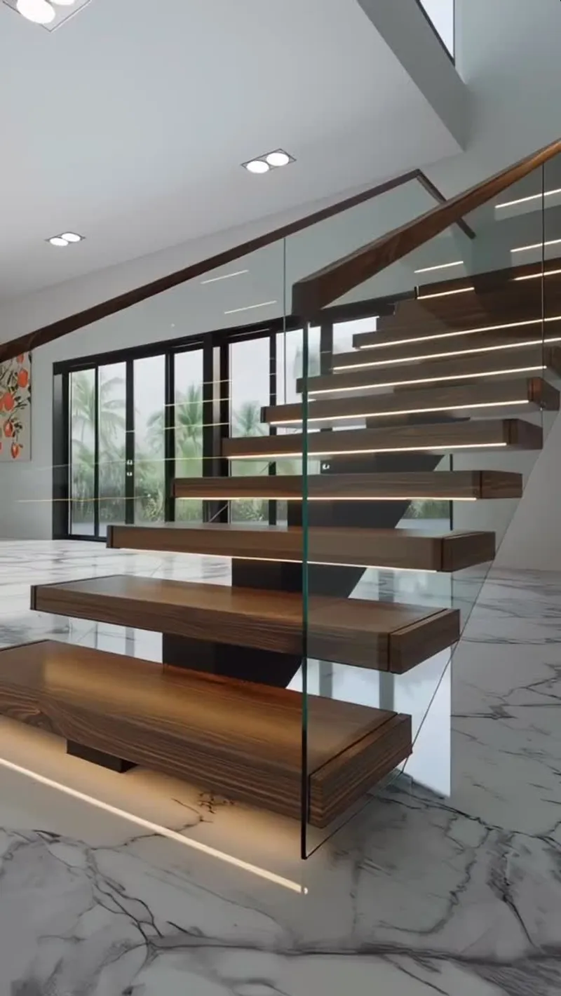 Hardwood floating stair treads installed in a Houston home